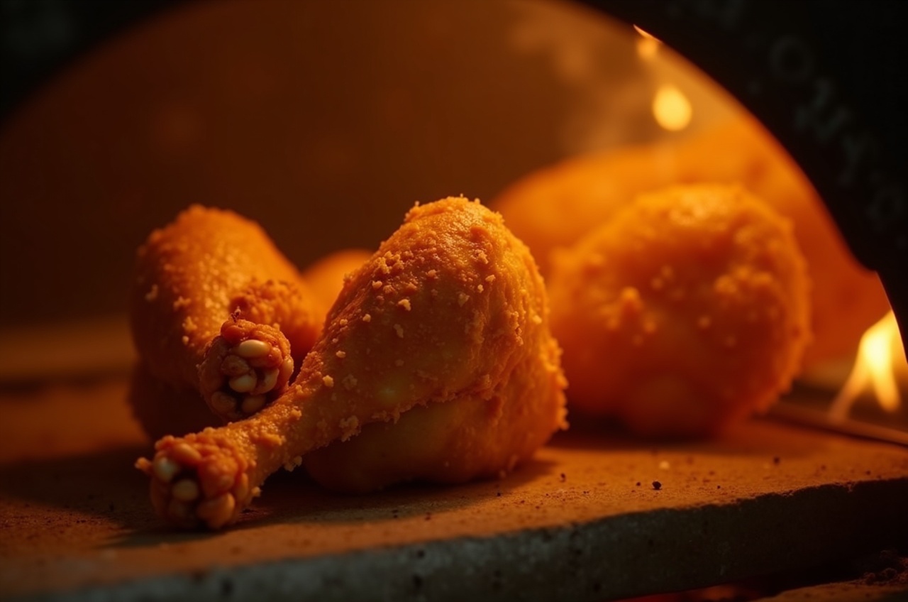 Pollo entero girando sobre brasas de leña, piel dorada y crocante, dentro de un horno abierto de ladrillo