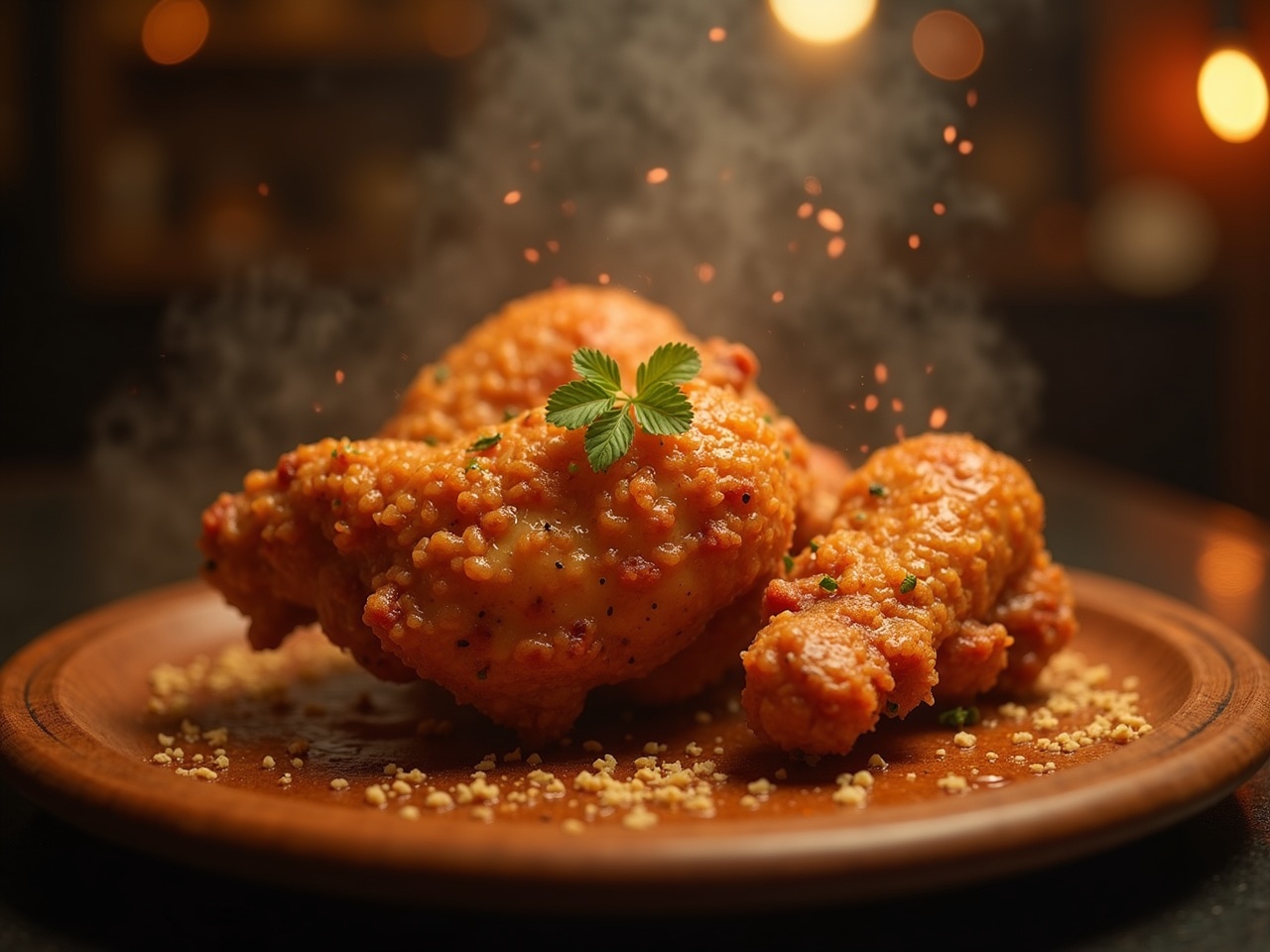 Pollo entero trinchado sobre tabla de madera con jugos visibles