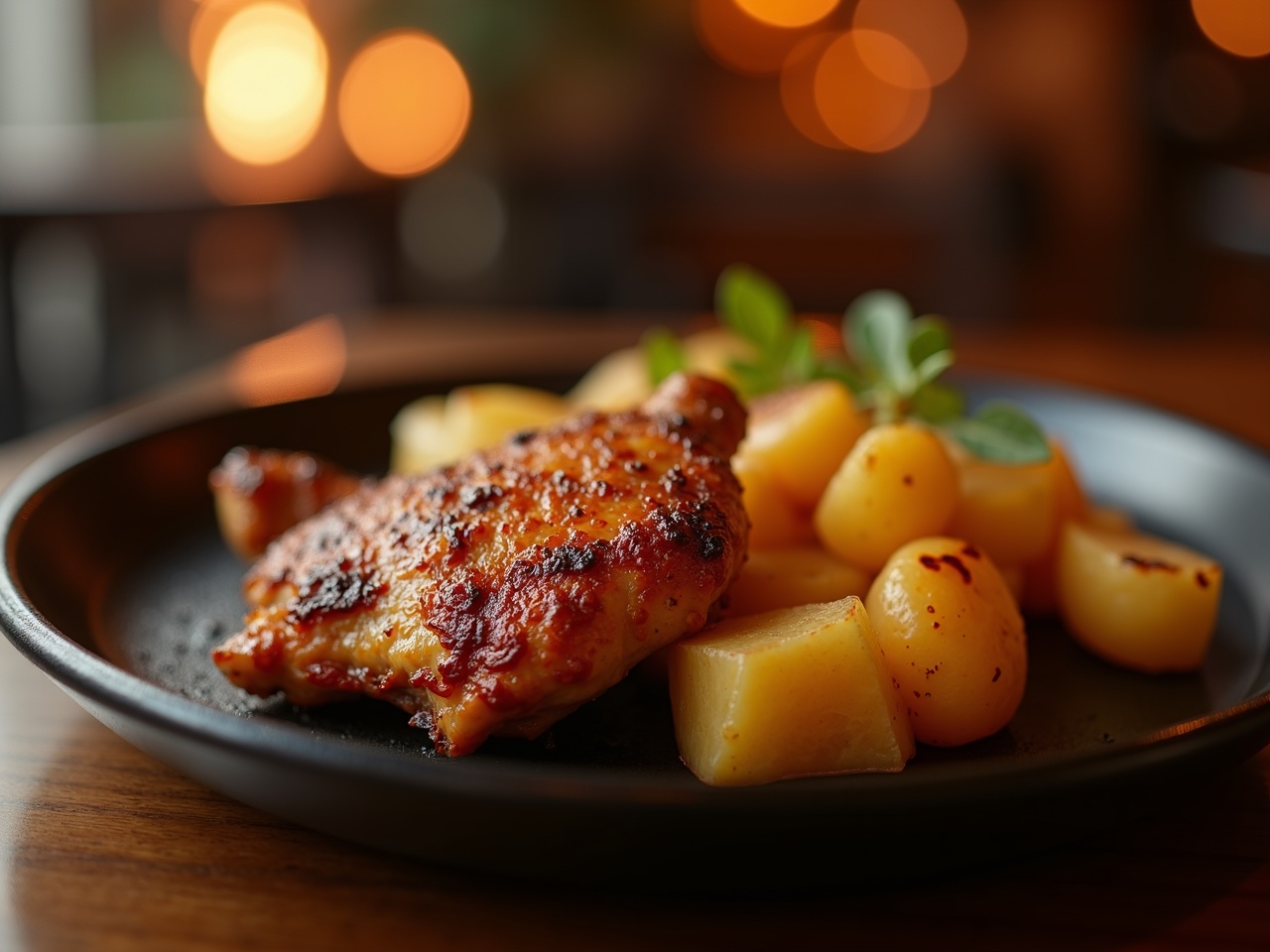 Medio pollo asado junto a papas doradas en plato de cerámica oscura