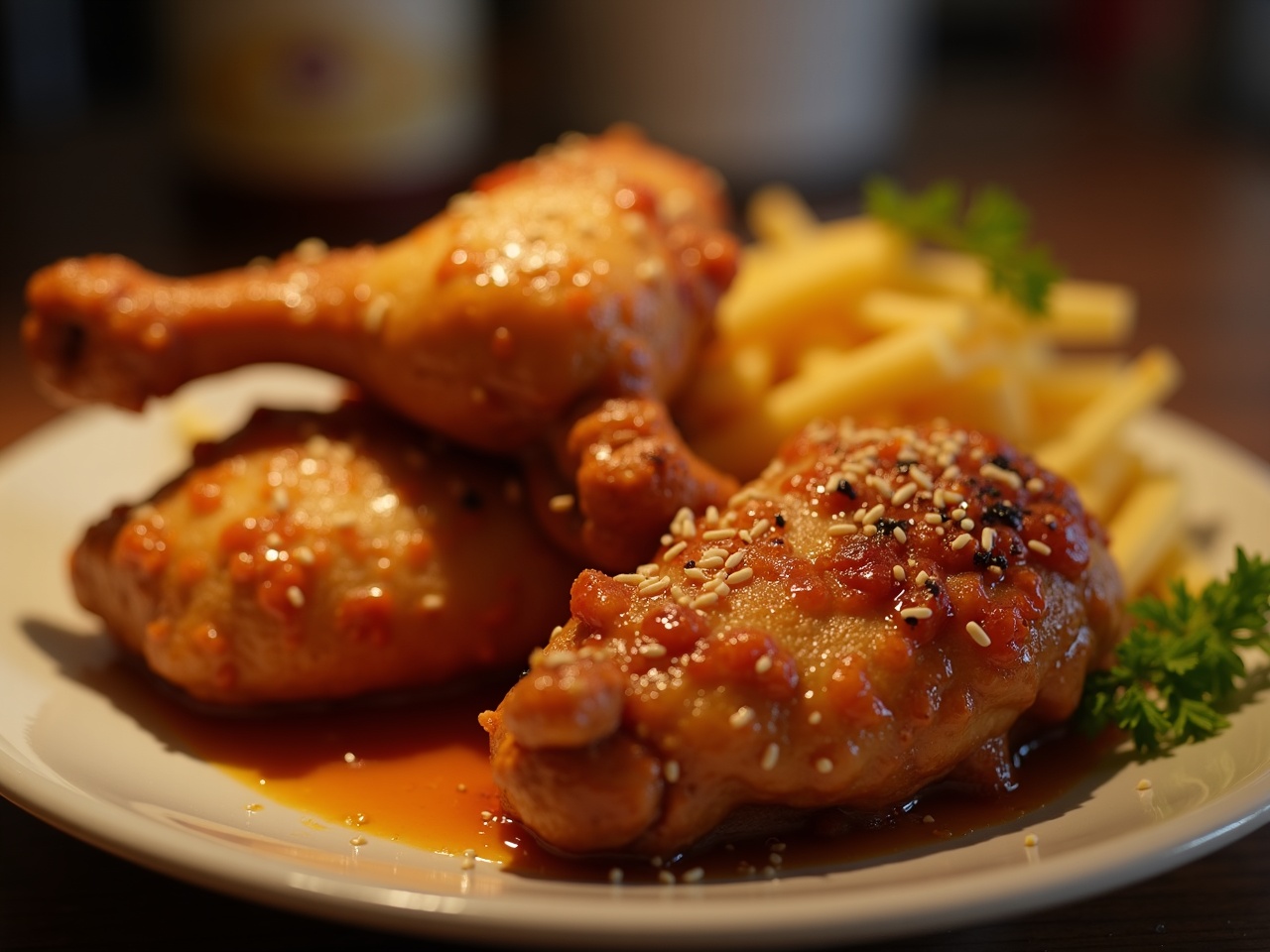 Plato de alitas de pollo brillantes con salsa oscura y semillas de sésamo