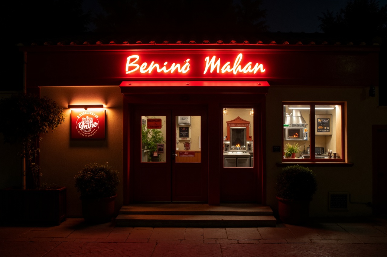 Fachada del restaurante de noche con letrero iluminado y ventanas que muestran el horno de leña encendido